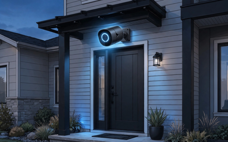 An AI home security camera from the Apple Google Amazon race mounted above a front door at dusk