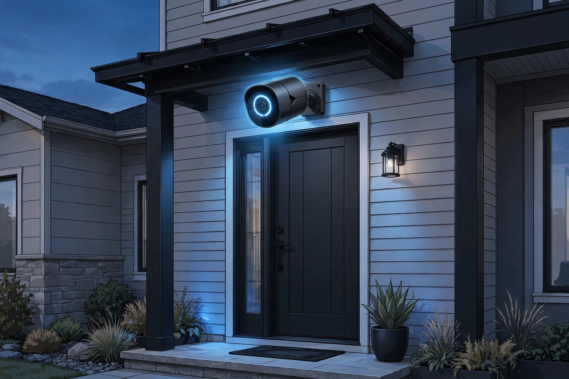An AI home security camera from the Apple Google Amazon race mounted above a front door at dusk