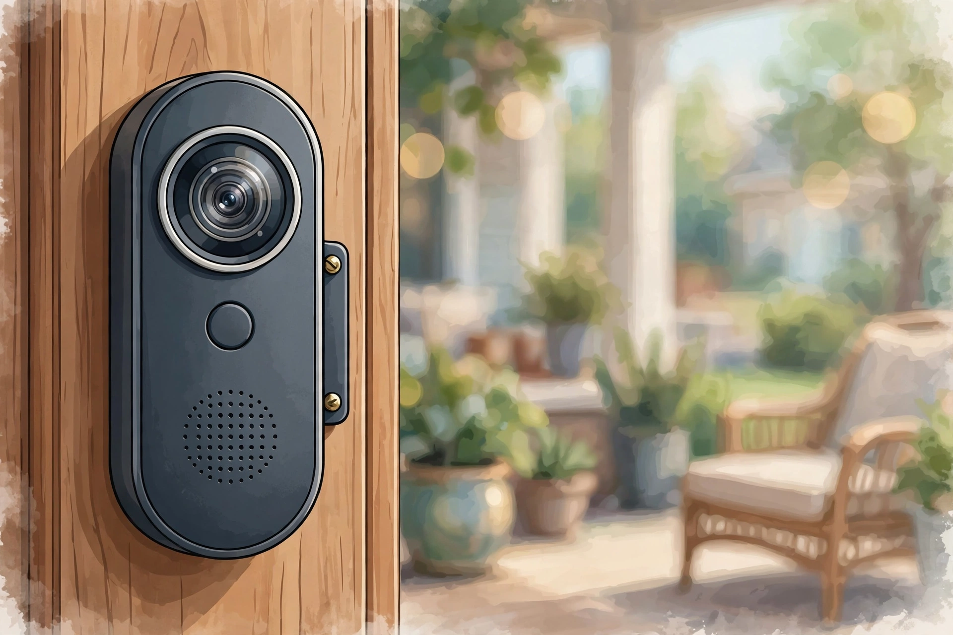 Close-up of a video doorbell camera with an AI home security camera lens from the Apple Google Amazon race