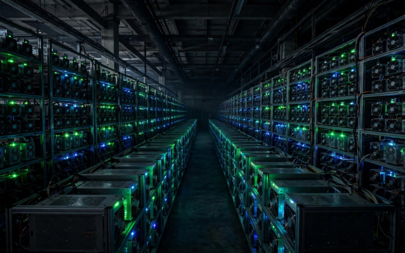 Rows of Bitcoin mining machines in a dark industrial facility illustrating the American Bitcoin stock crash