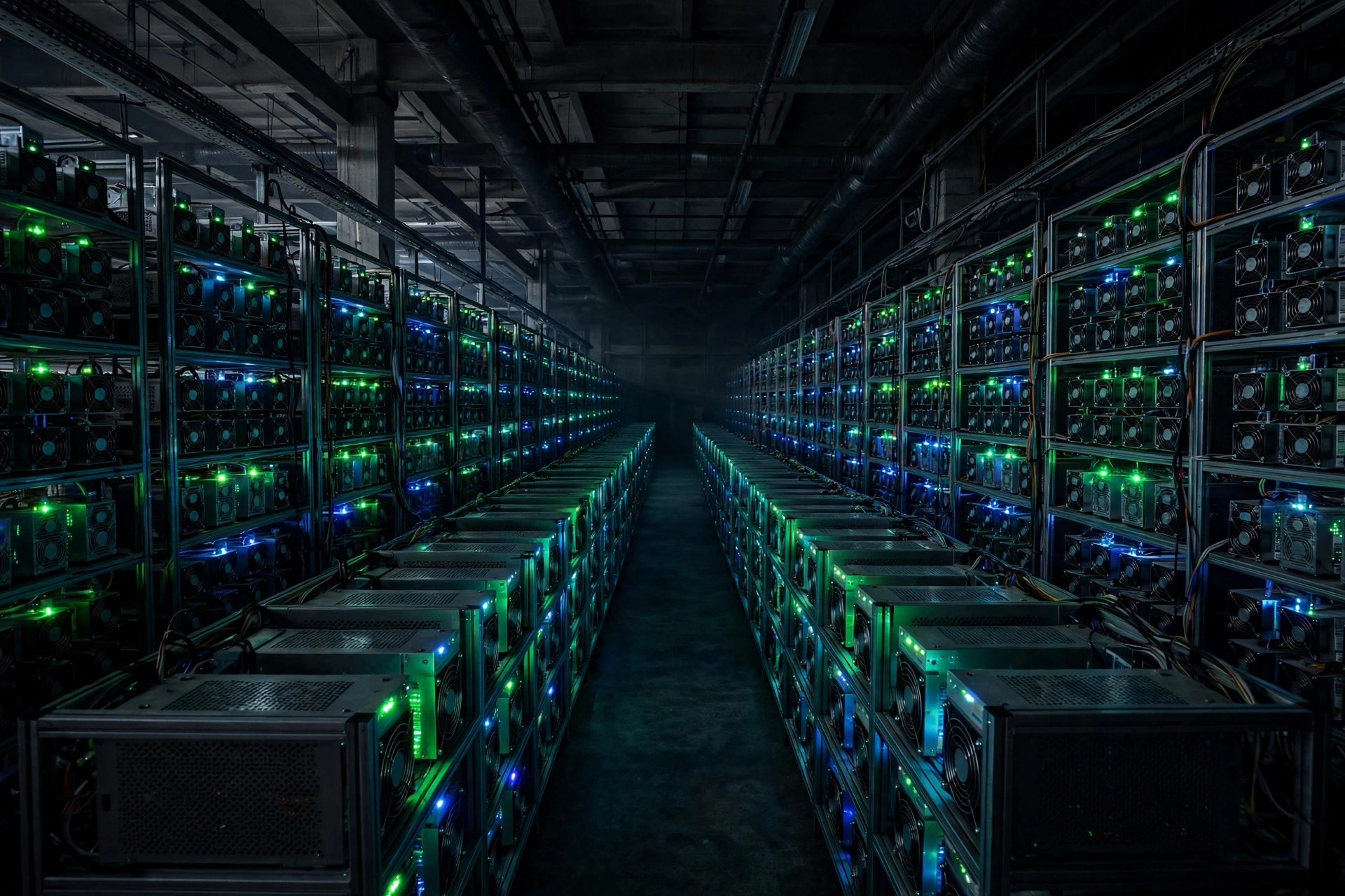 Rows of Bitcoin mining machines in a dark industrial facility illustrating the American Bitcoin stock crash