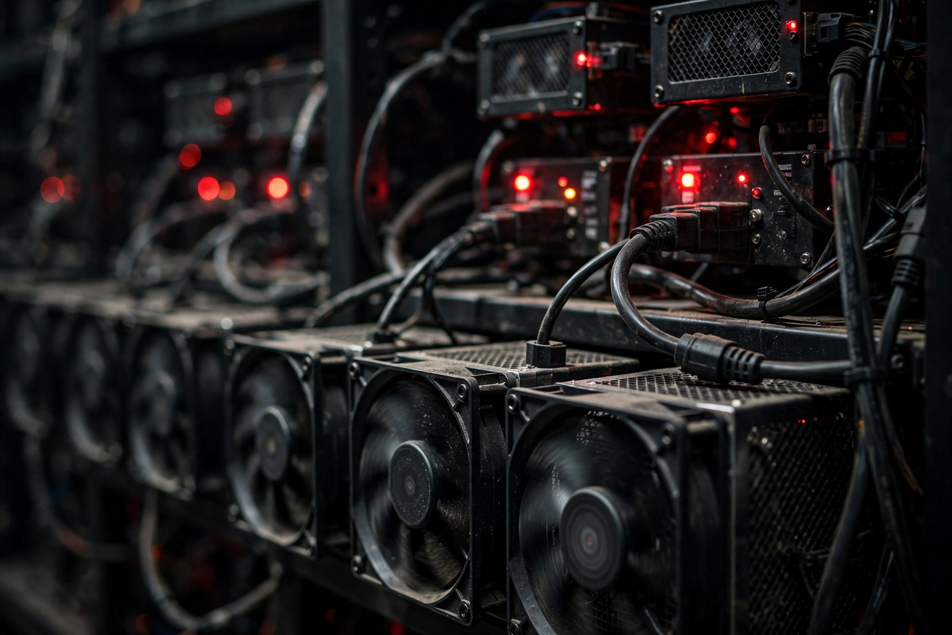 Close-up of ASIC mining hardware with red warning lights amid the American Bitcoin stock crash