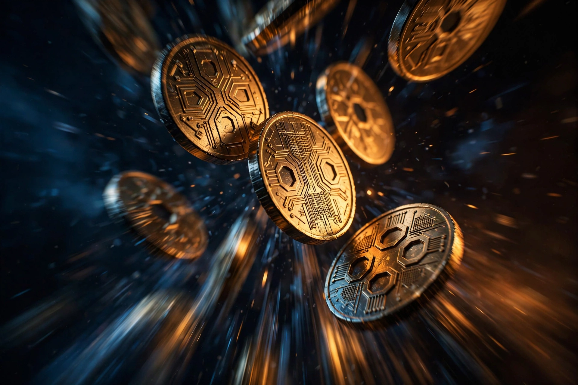 Falling digital coins over a dark financial chart representing the American Bitcoin stock crash