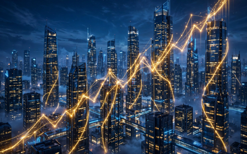 Anthropic IPO $2 trillion valuation concept: glowing stock chart rising over futuristic skyscrapers at night