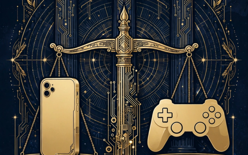 Courtroom columns and scales of justice with a smartphone in the Apple Epic 27 percent App Store fee Supreme Court case