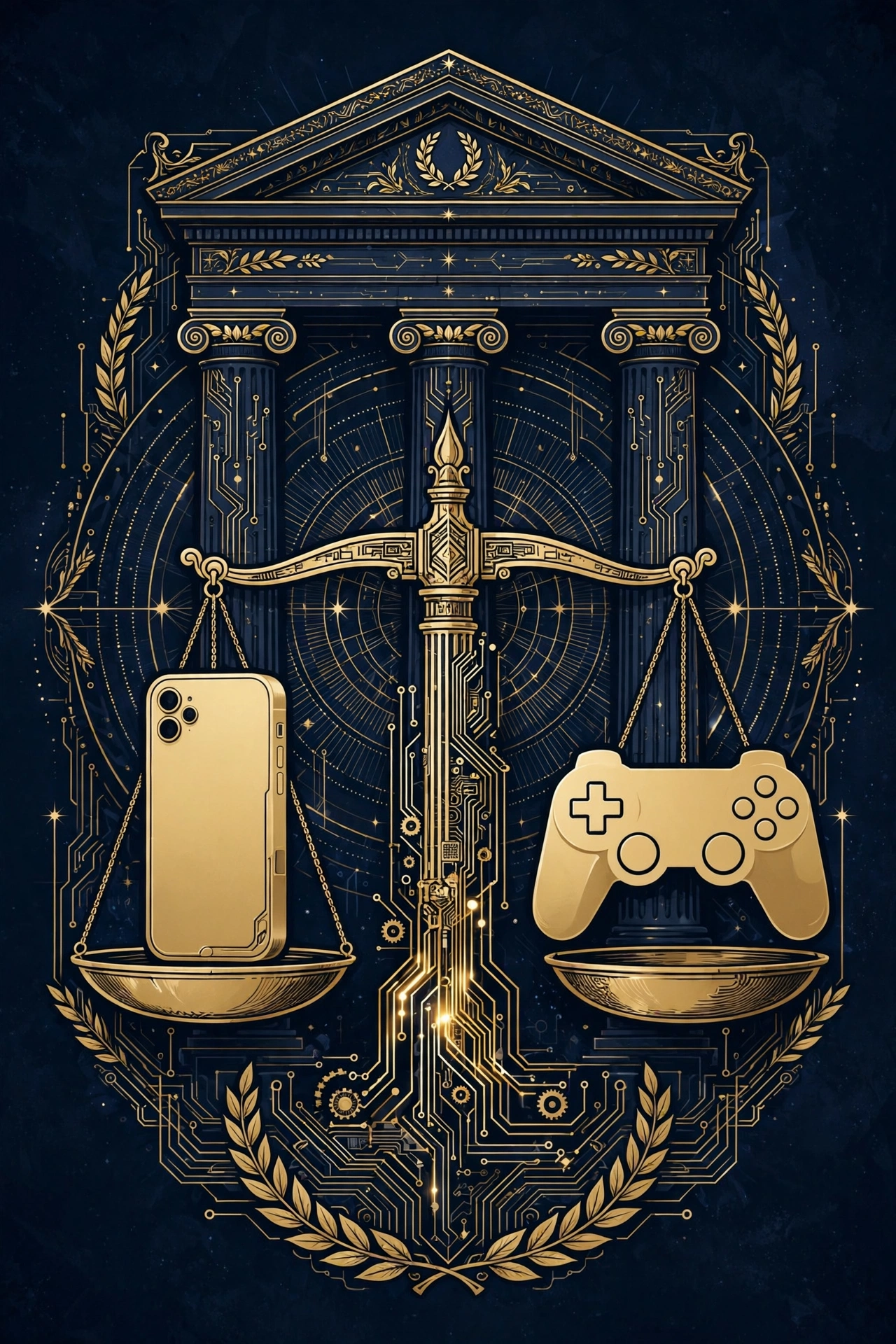 Courtroom columns and scales of justice with a smartphone in the Apple Epic 27 percent App Store fee Supreme Court case