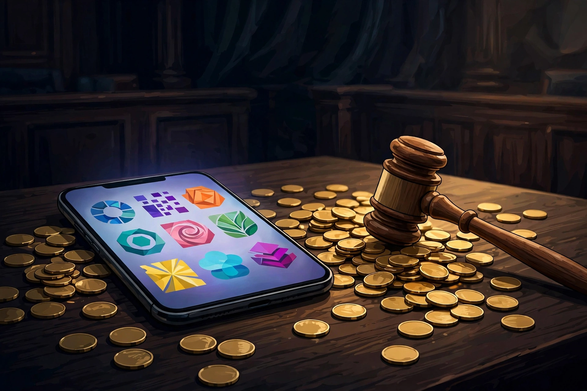 A smartphone, judge's gavel, and coins illustrating the Apple Epic 27 percent App Store fee Supreme Court case