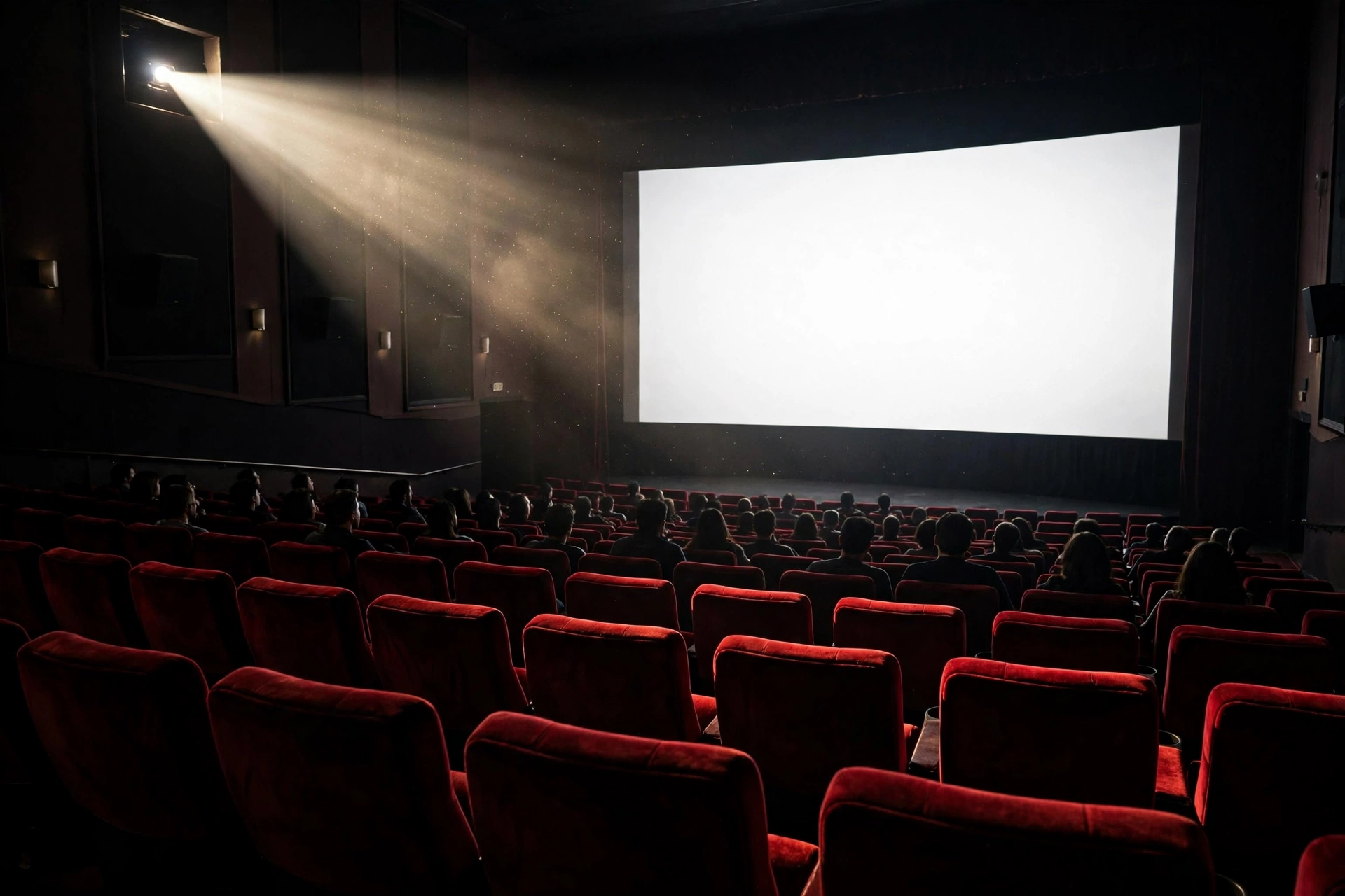 A movie theater with red seats and a glowing screen, where audiences turned out for the Avengers Endgame Encore box office re-release