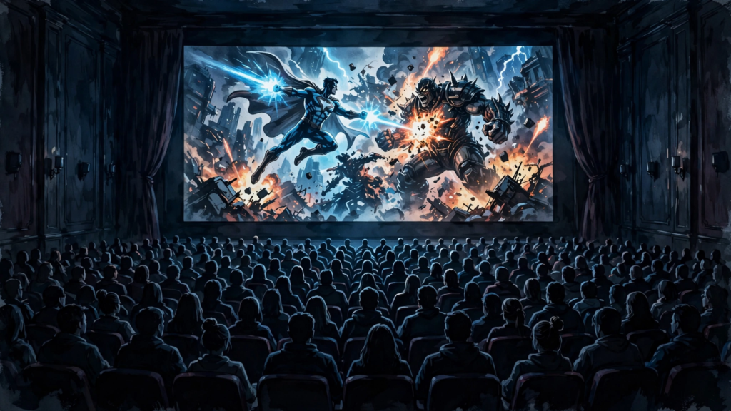 Packed cinema auditorium watching a superhero blockbuster during the Avengers Endgame re-release