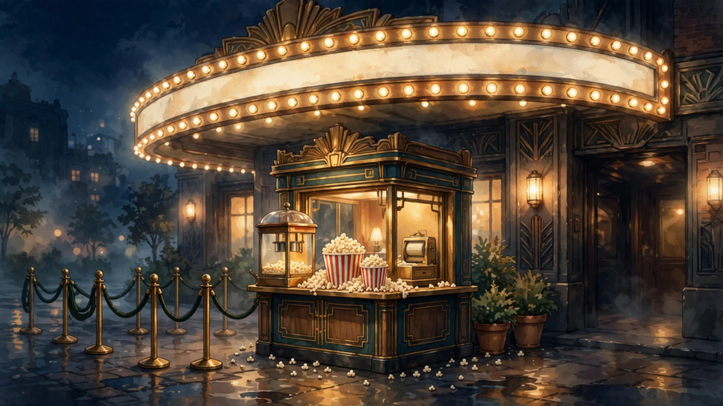 Glowing ticket counter and box office marquee for the Avengers Endgame re-release weekend