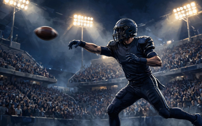 American football quarterback throwing a pass under the lights in the Bears Eagles Monday Night Football game