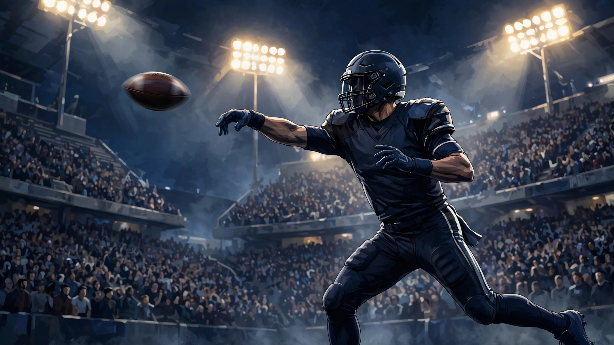 American football quarterback throwing a pass under the lights in the Bears Eagles Monday Night Football game