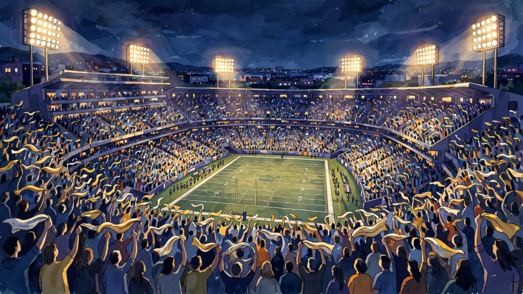 Packed football stadium at night during the Bears Eagles Monday night game with Case Keenum on the field