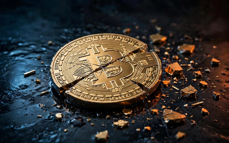 A cracked digital Bitcoin coin on a dark background symbolizing the Bitcoin price crash 2026