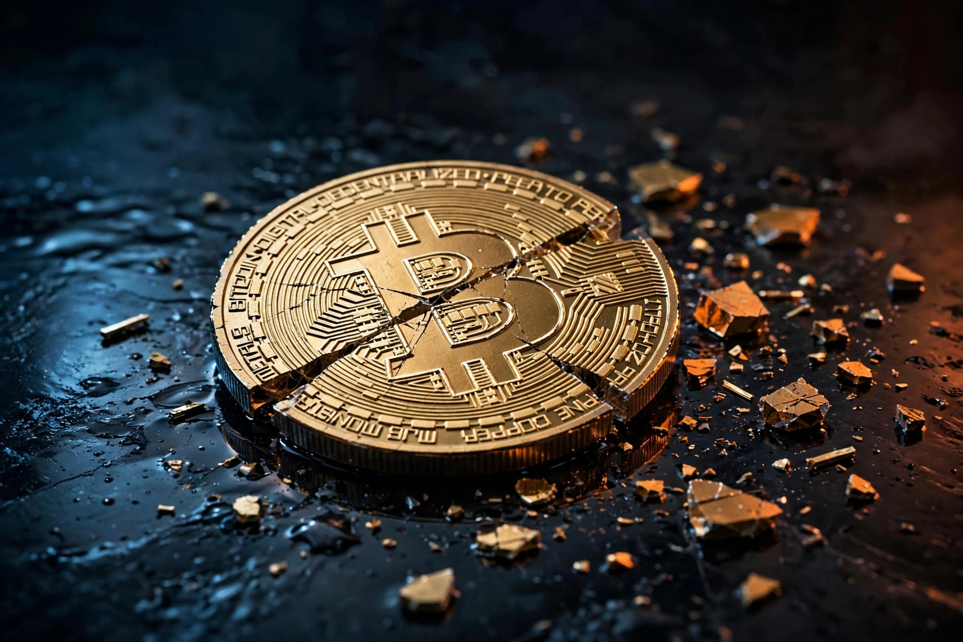 A cracked digital Bitcoin coin on a dark background symbolizing the Bitcoin price crash 2026