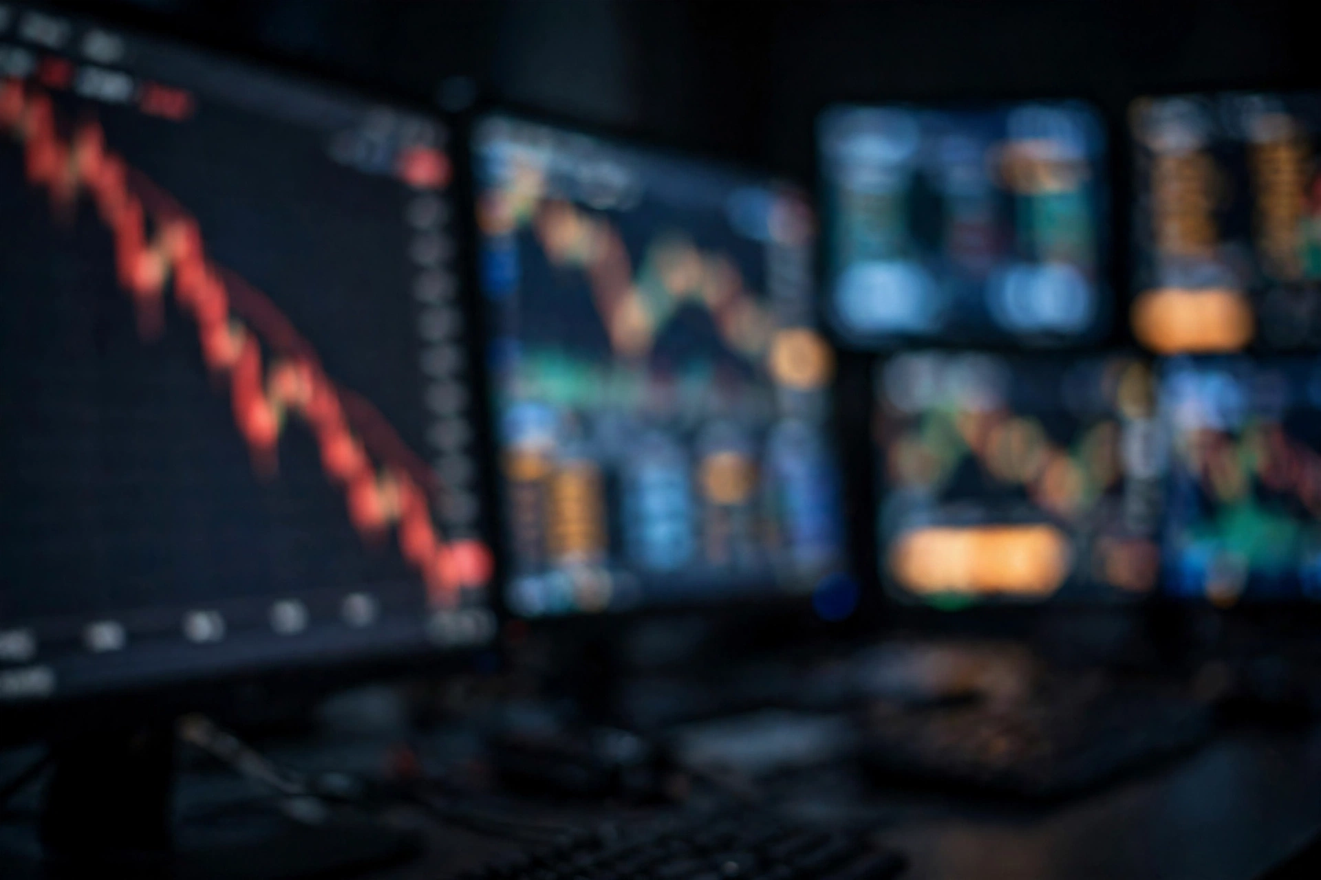 Blurred trading screens showing a plunging cryptocurrency chart during the Bitcoin price crash 2026