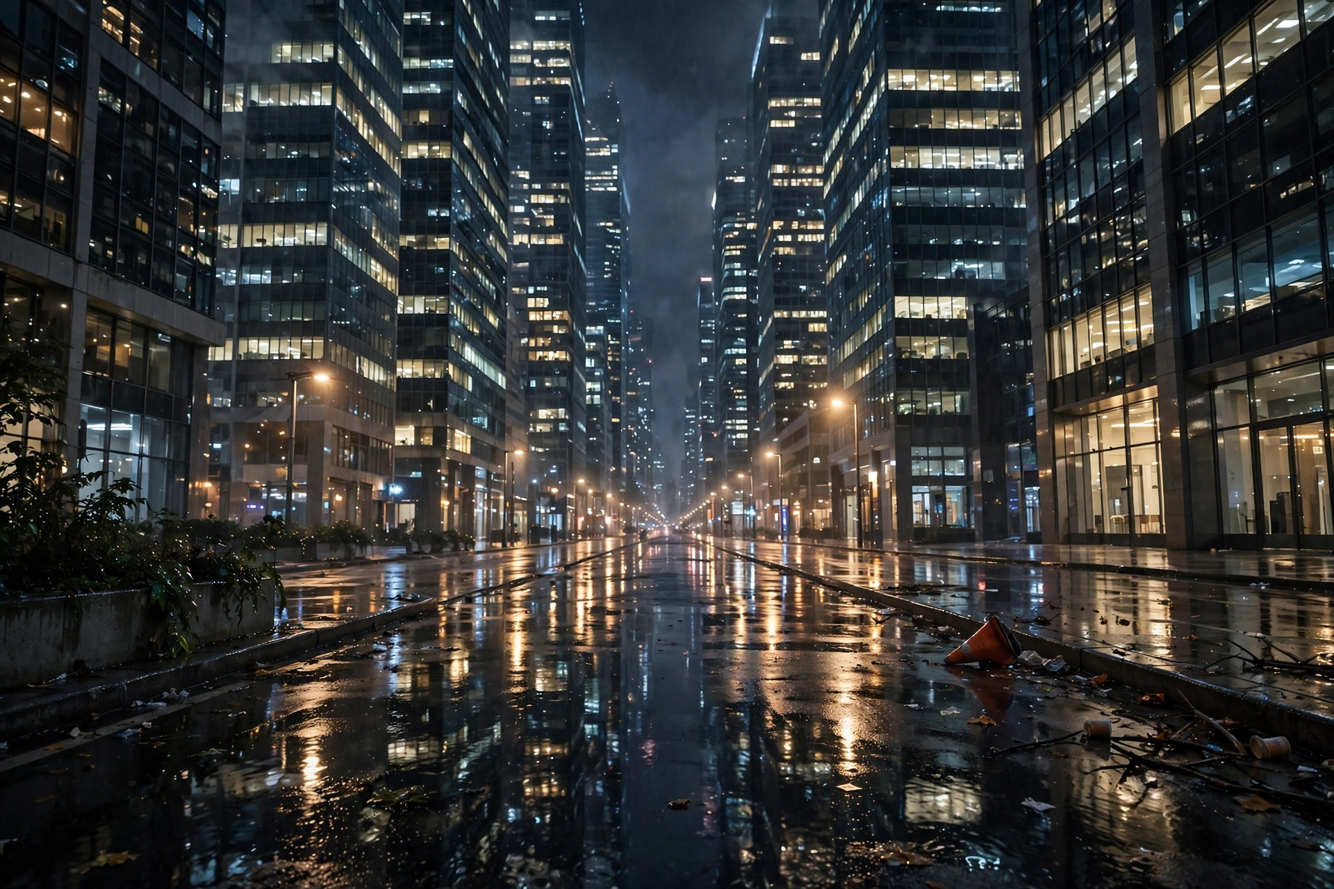 Empty financial district at night with dramatic lighting after the Bitcoin price crash 2026 selloff