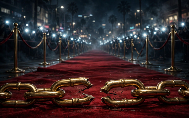 Conceptual illustration of the Blake Lively publicist split with paparazzi flashlights and a breaking chain