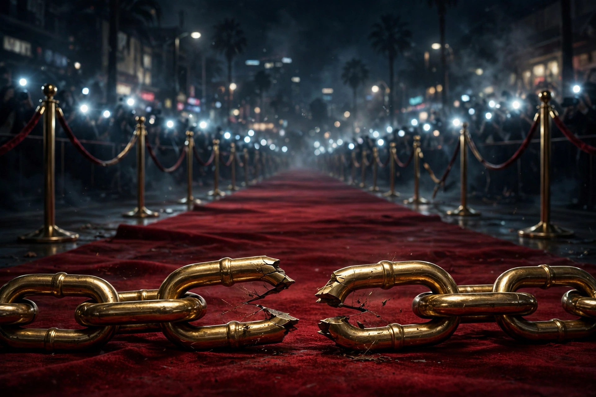 Conceptual illustration of the Blake Lively publicist split with paparazzi flashlights and a breaking chain