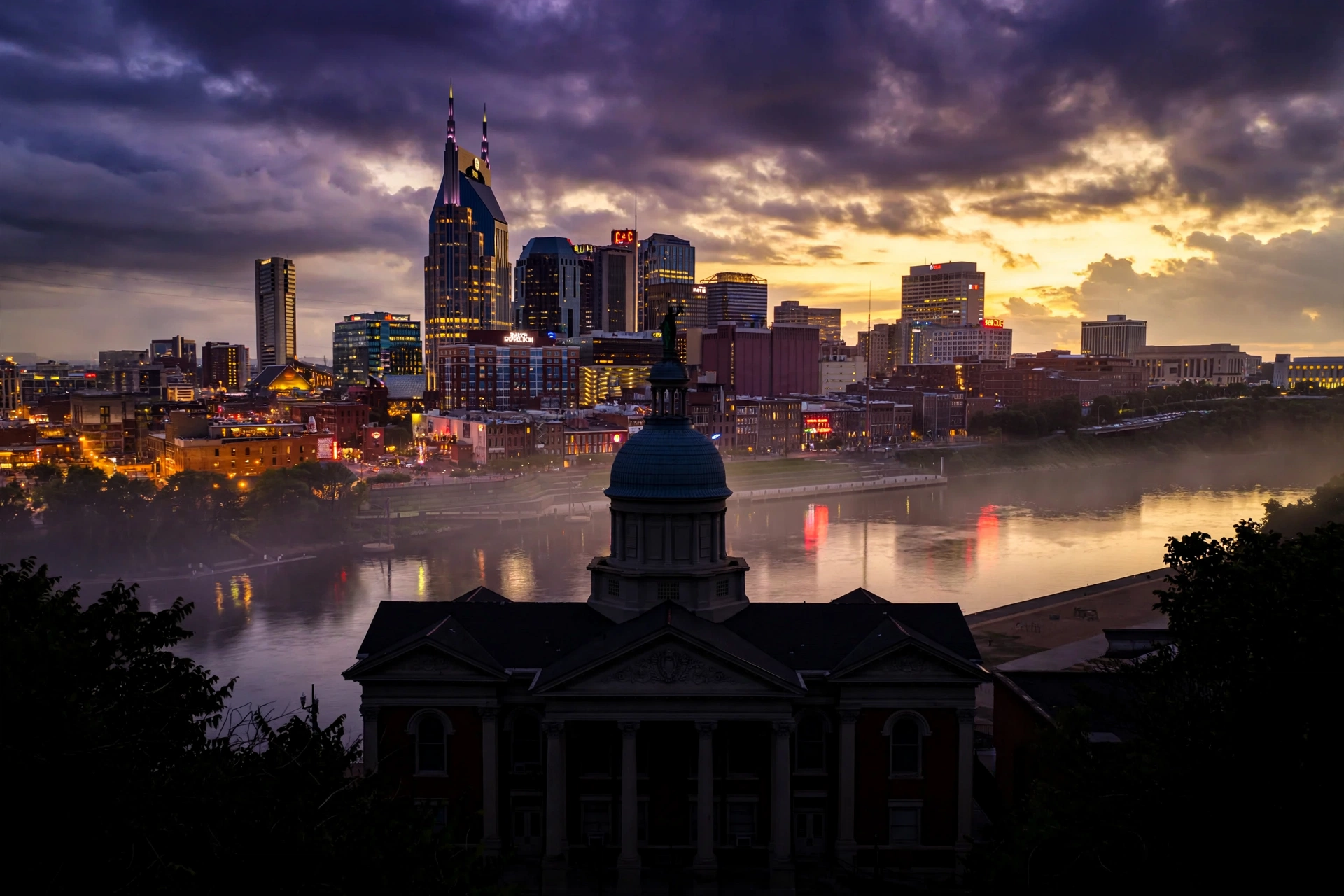Nashville skyline at dusk with a historic courthouse dome in the foreground, representing the Bryan Seaver Dolly Parton estate legal battle in Nashville court