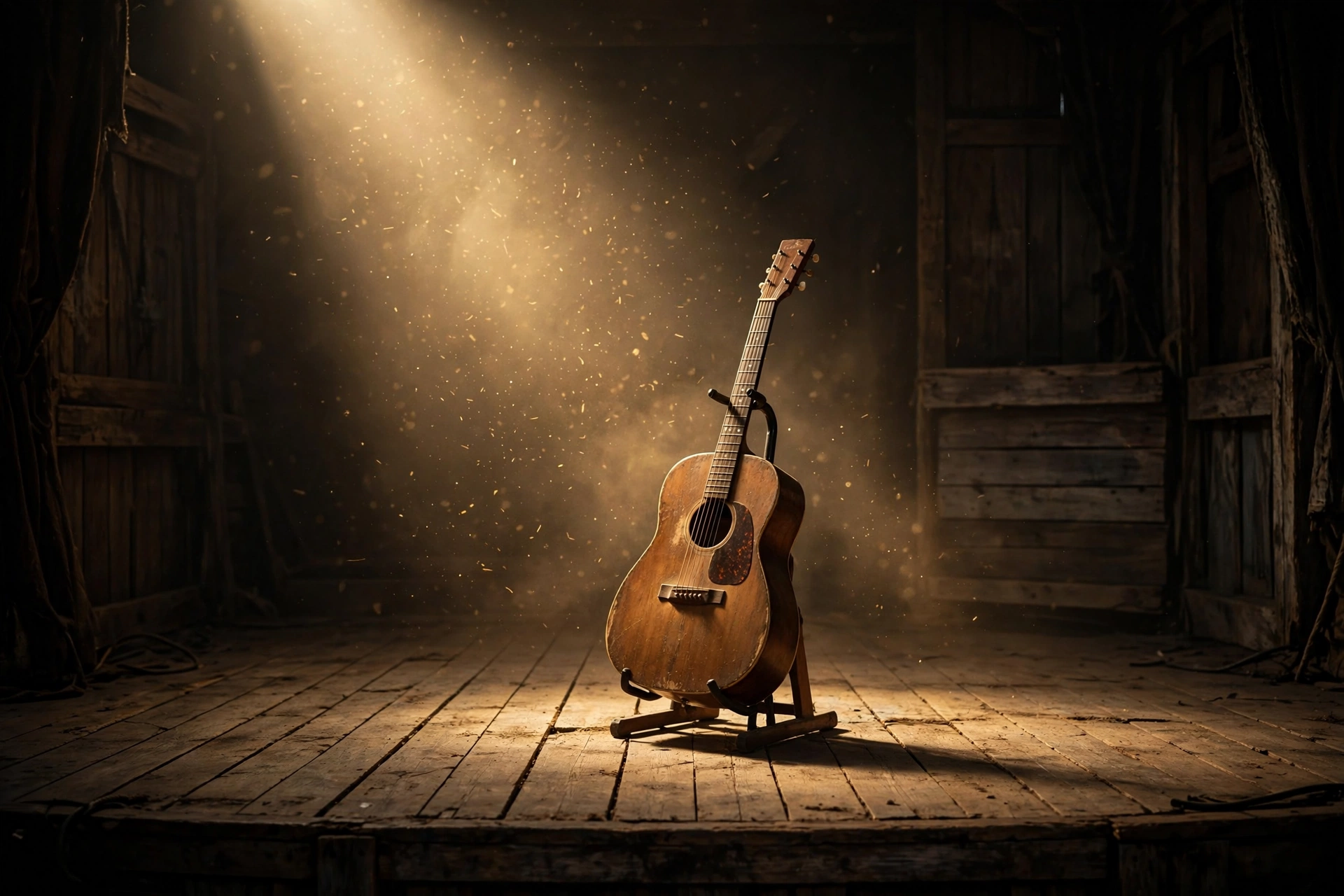 Empty country-music stage with a vintage acoustic guitar under a spotlight, evoking Dolly Parton's legacy at the center of the Bryan Seaver Dolly Parton estate dispute