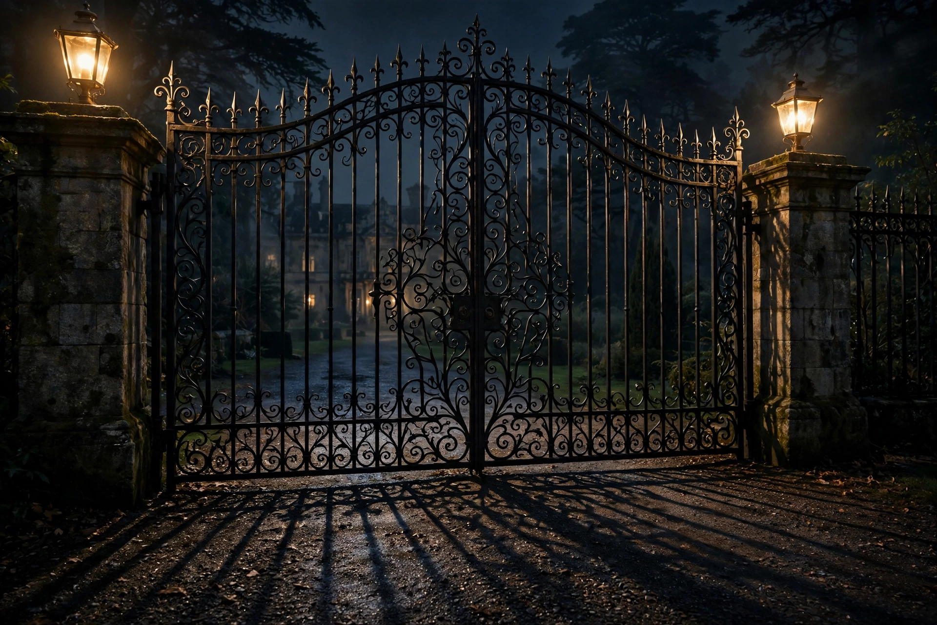 Wrought-iron estate security gate glowing at night, symbolizing the restraining order barring Bryan Seaver from Dolly Parton estate properties