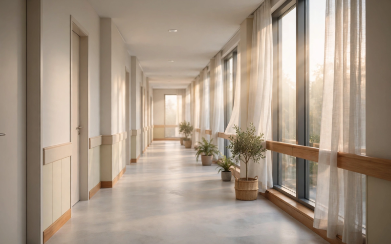 Empty calm hospital corridor with soft morning light, featured image for the Carrot Top released hospital suicide attempt report