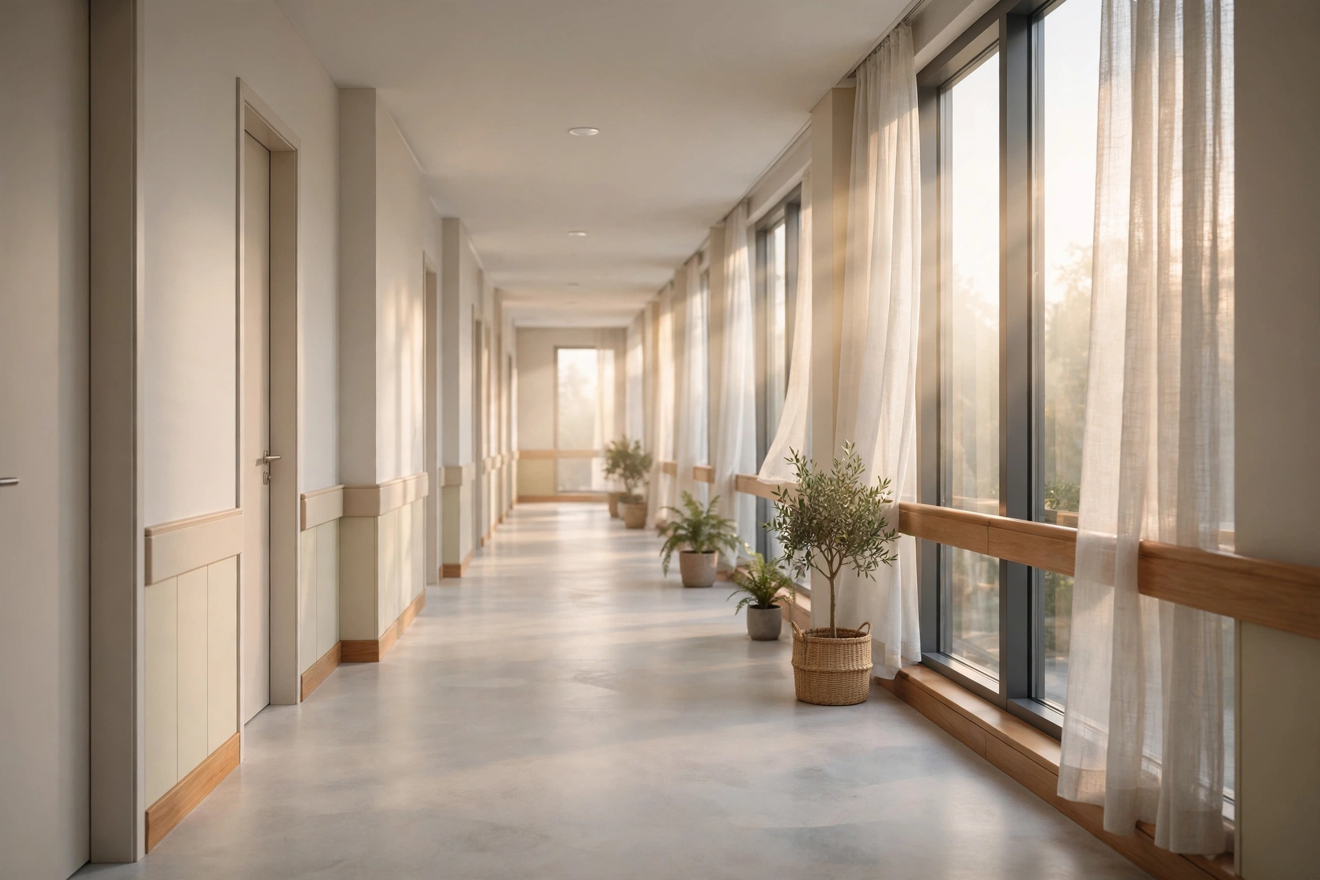 Empty calm hospital corridor with soft morning light, featured image for the Carrot Top released hospital suicide attempt report