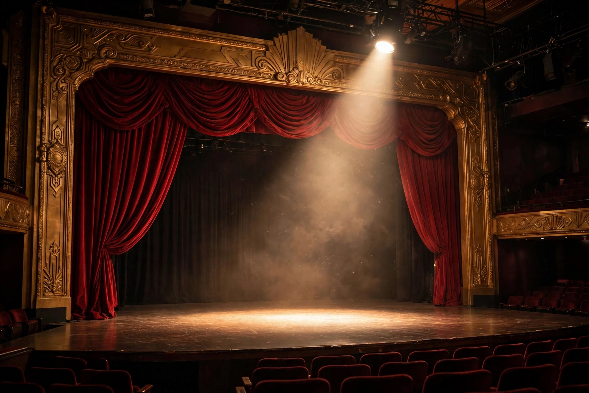 Empty Las Vegas showroom stage with red velvet curtain and a single spotlight, illustrating the Carrot Top released hospital suicide attempt story