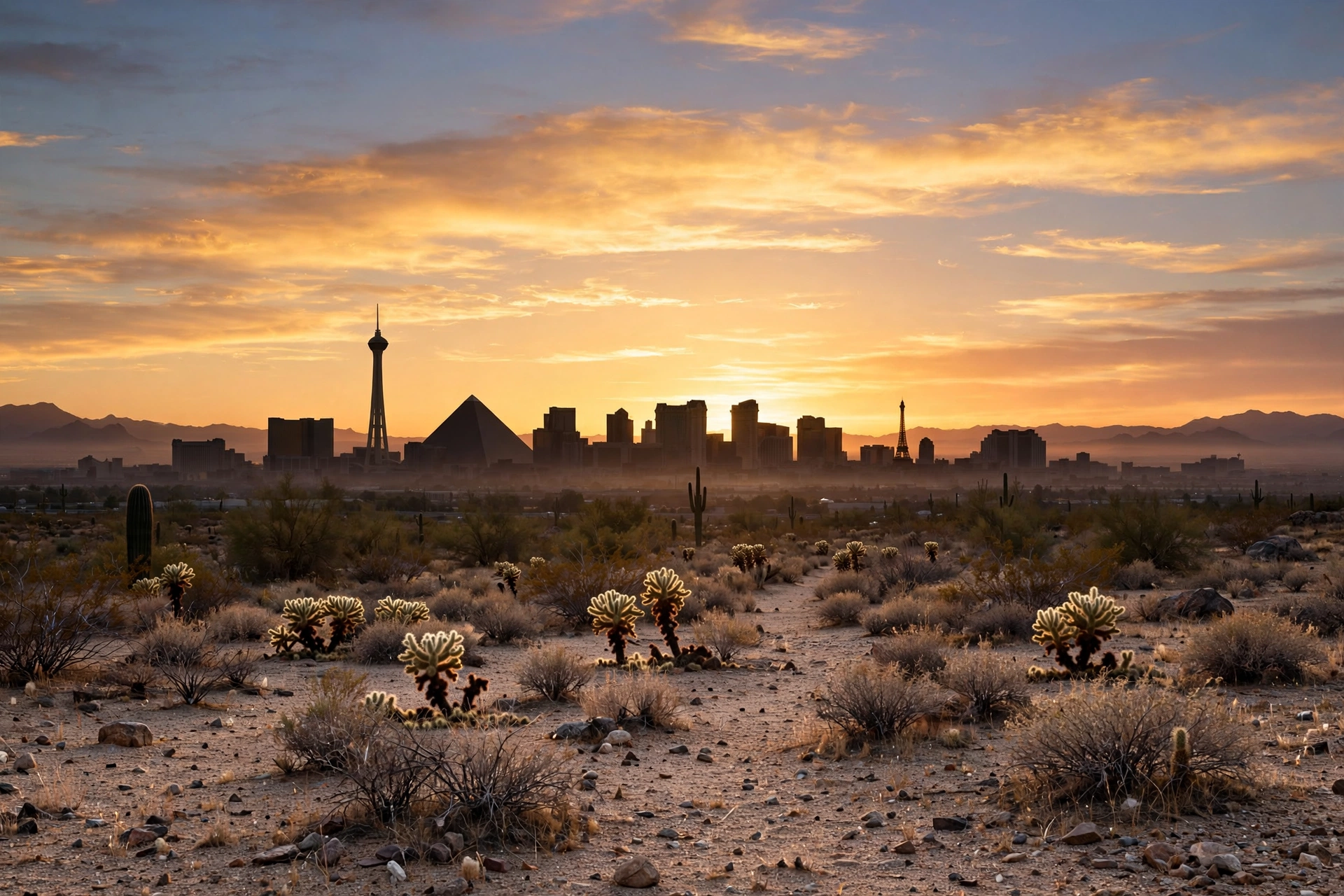 Peaceful desert sunrise over a Las Vegas-style city skyline silhouette, hopeful image for the Carrot Top released hospital suicide attempt update