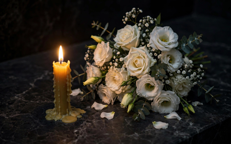 A single lit candle beside white flowers on dark marble in a somber memorial — image for the Chadwick Boseman family legal battle article