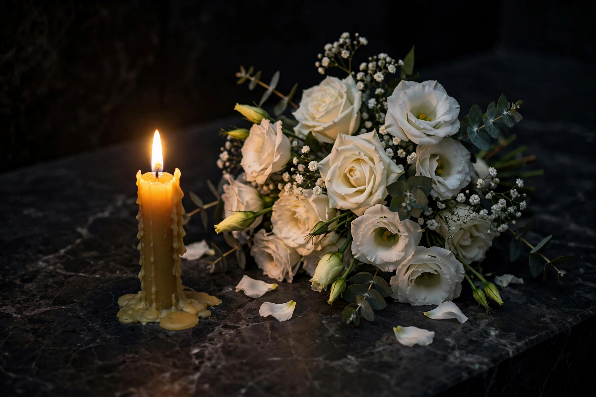 A single lit candle beside white flowers on dark marble in a somber memorial — image for the Chadwick Boseman family legal battle article