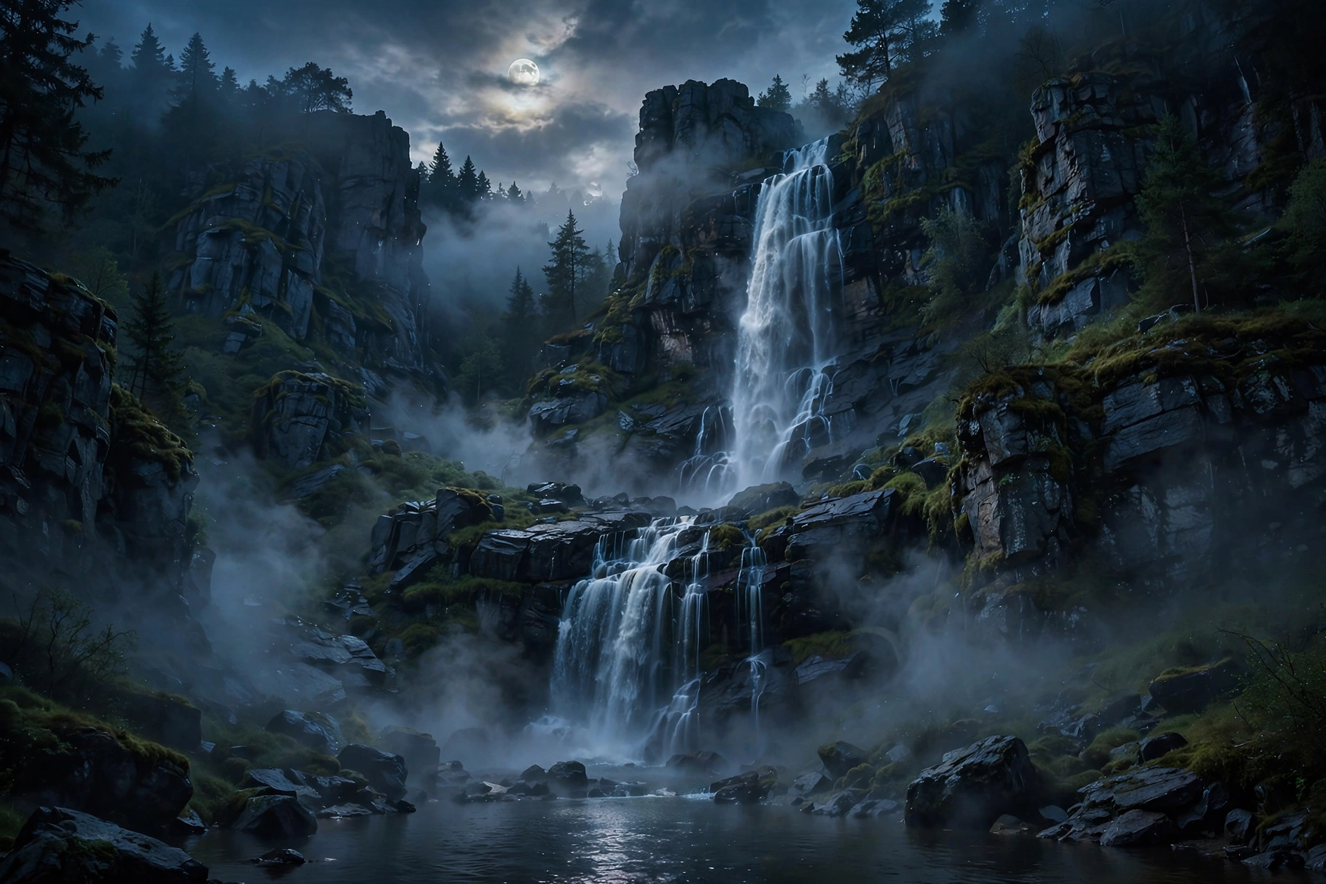 Moonlit waterfall cascading over dark cliffs with rising mist, a tranquil thematic image for the Chadwick Boseman family legal battle article