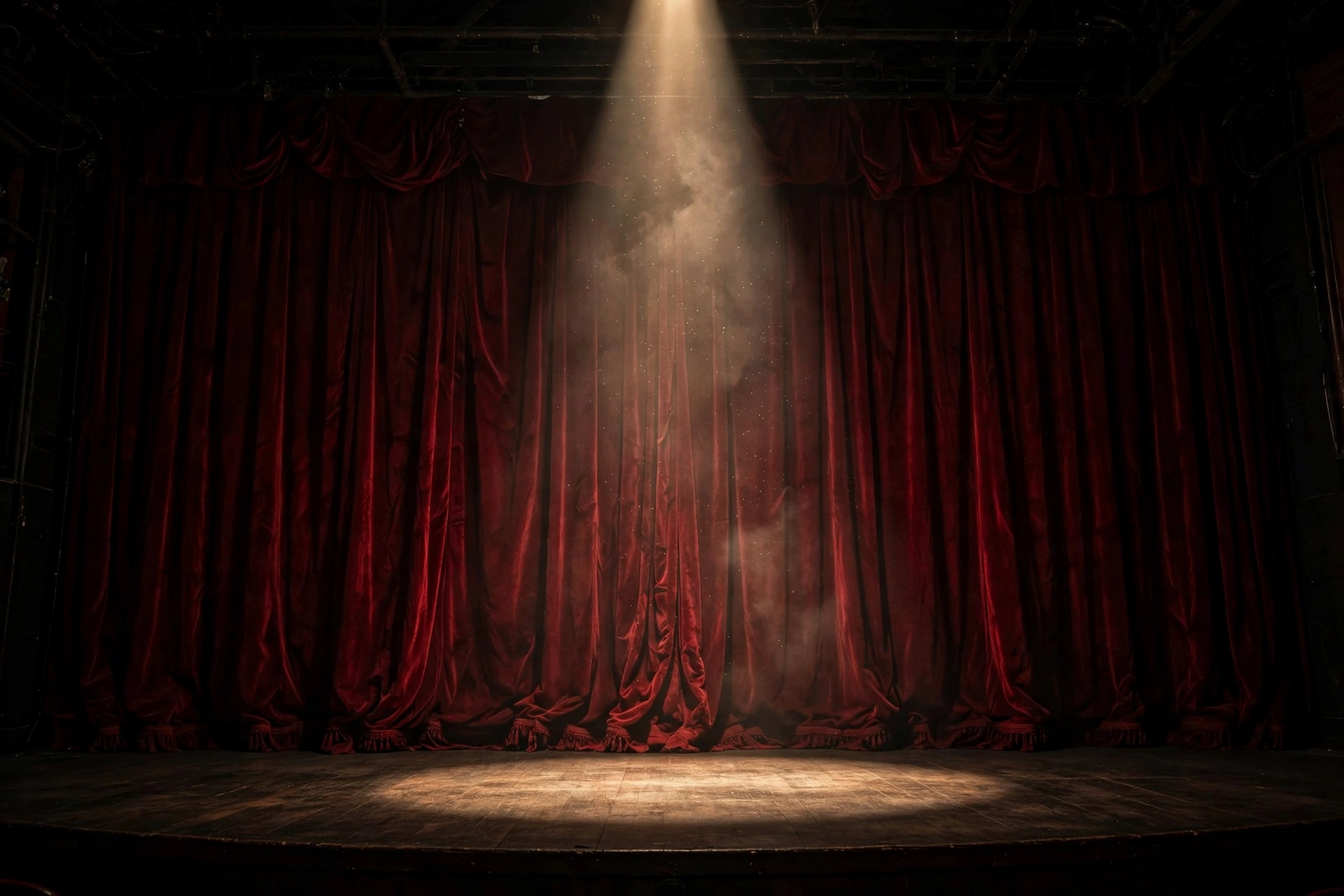 A single spotlight on an empty dark theater stage with closed red velvet curtains, a somber tribute image for the Chadwick Boseman family legal battle article