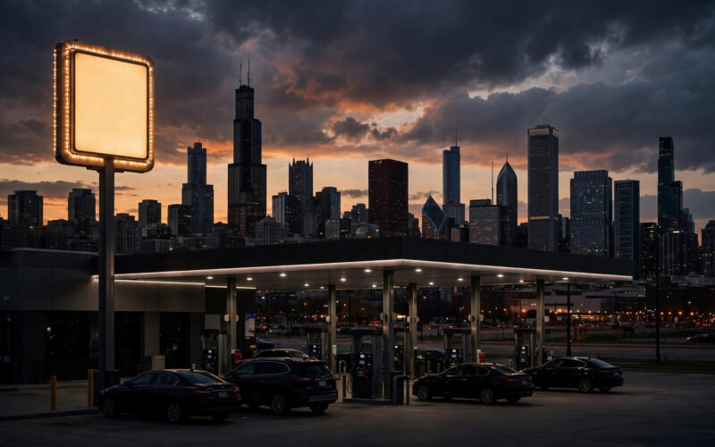 Chicago gas station at dusk with downtown skyline as the chicago gas prices record is broken