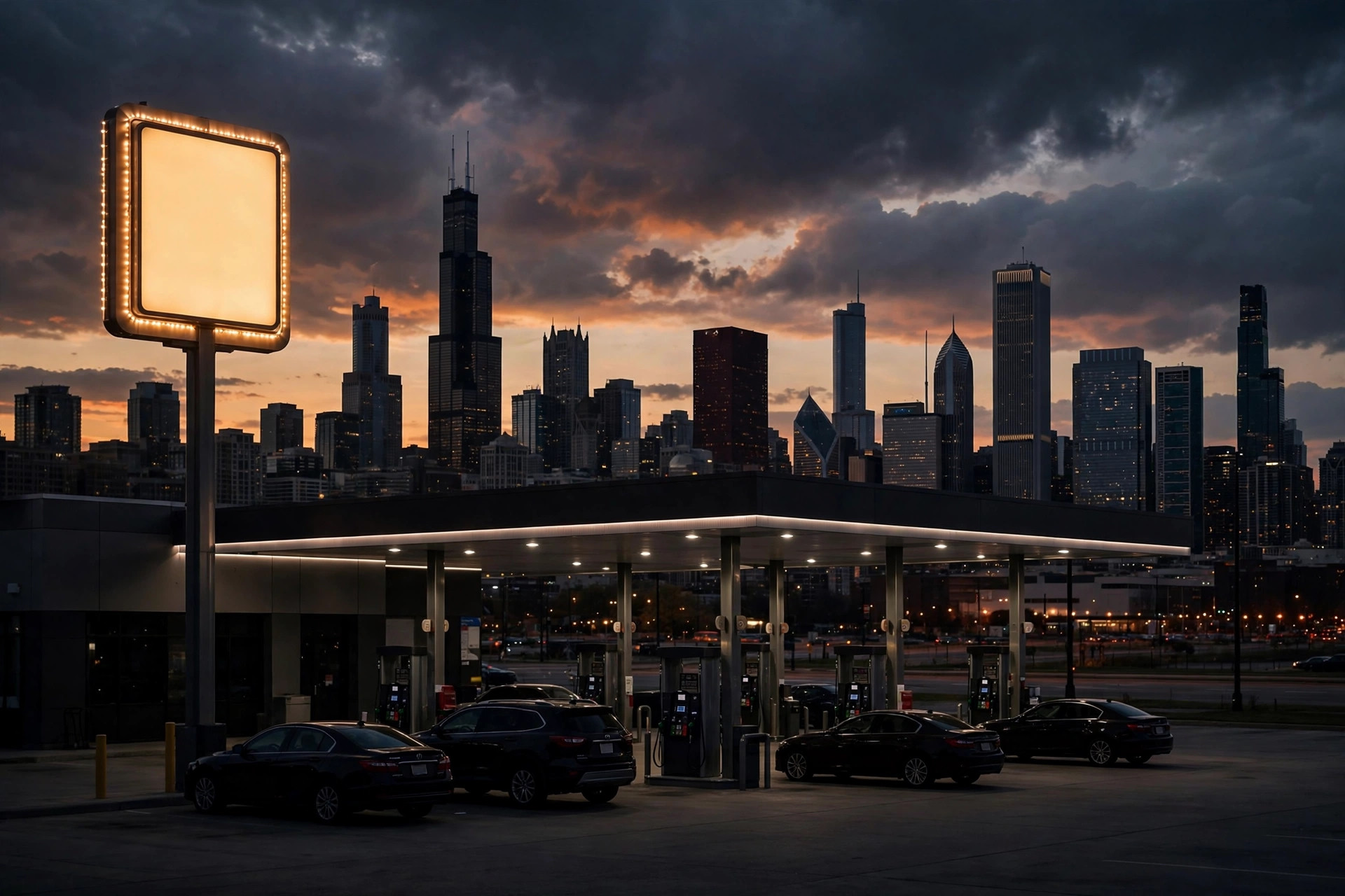 Chicago gas station at dusk with downtown skyline as the chicago gas prices record is broken