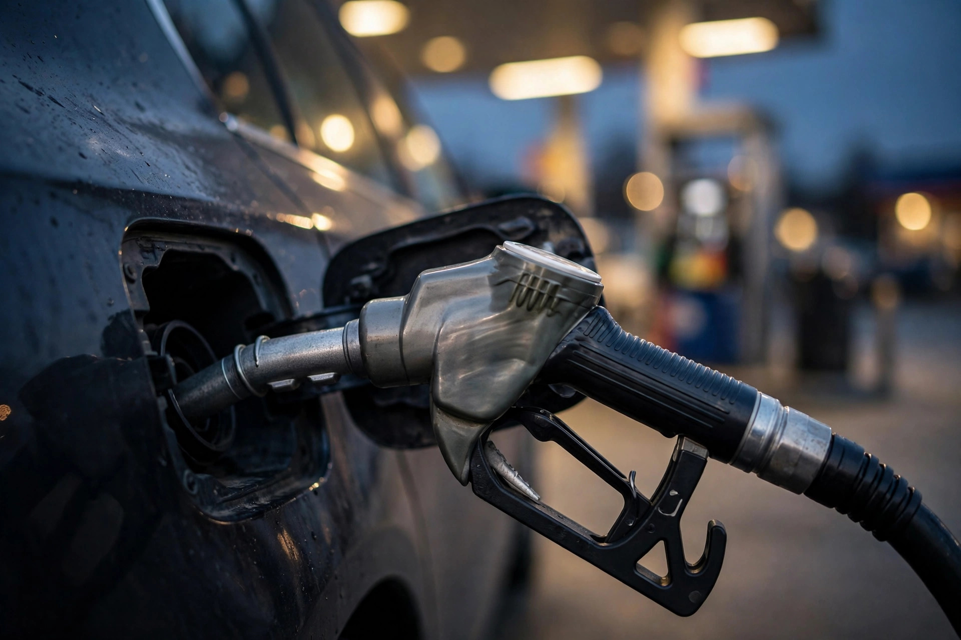 Fuel nozzle filling a car at a Chicago gas pump