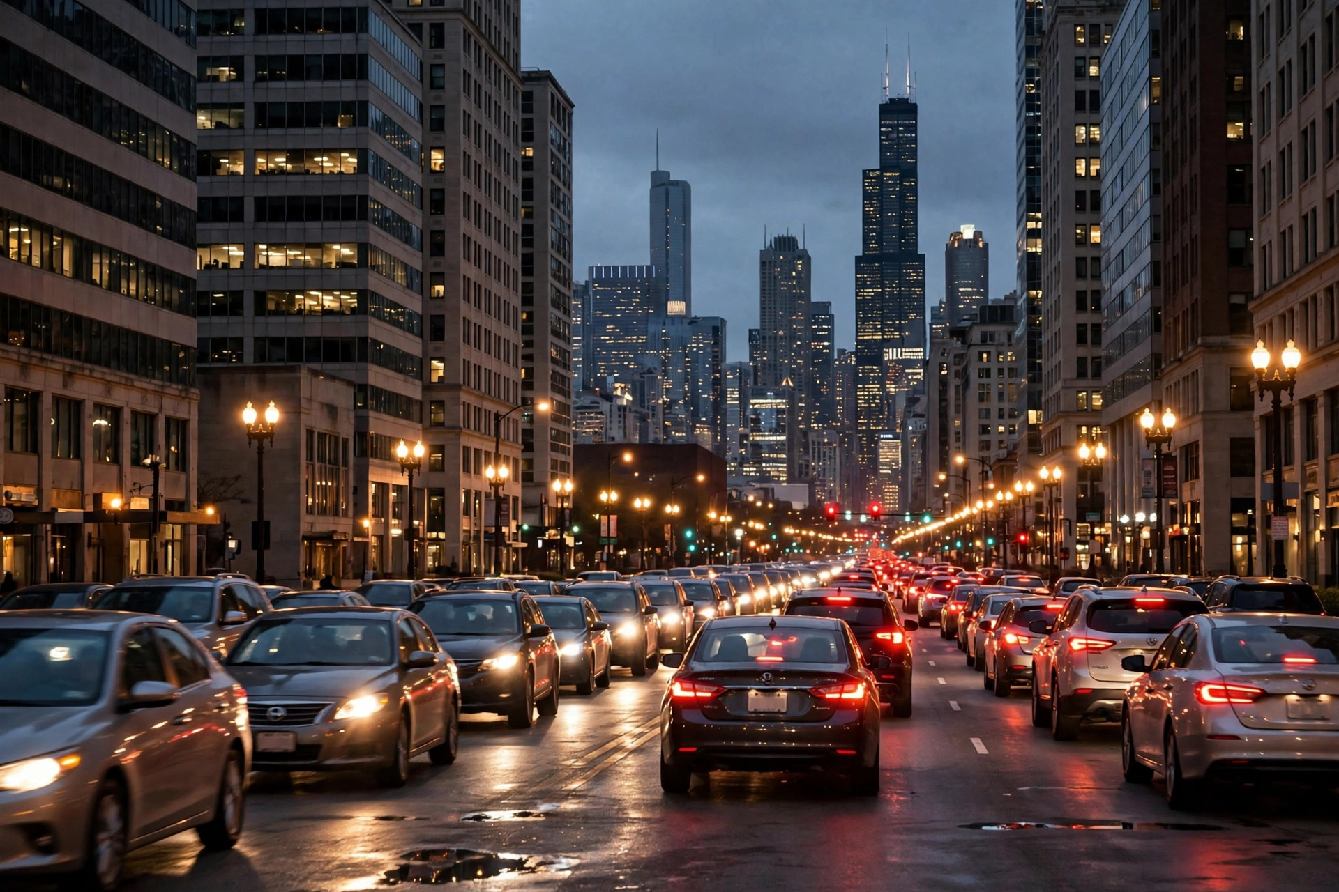 Evening rush-hour traffic in downtown Chicago