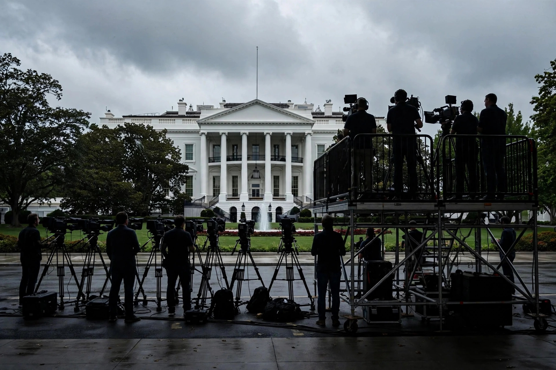 Television news cameras at the White House press pool riser