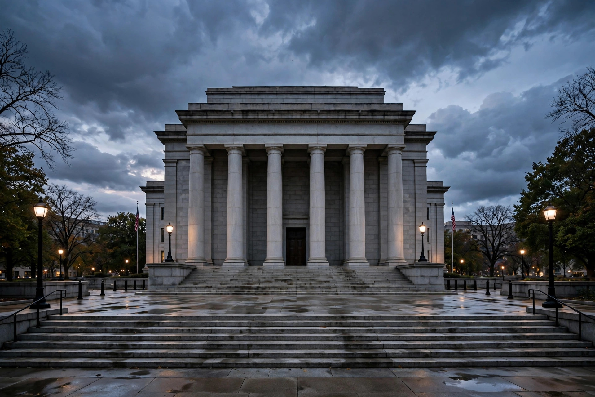 US federal district courthouse exterior in Washington DC at dusk