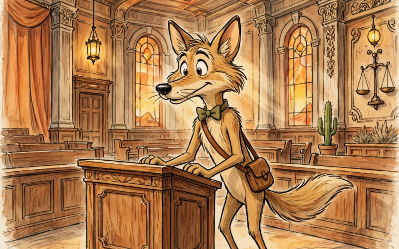 Coyote vs Acme digital release — generic cartoon coyote in a whimsical courtroom scene