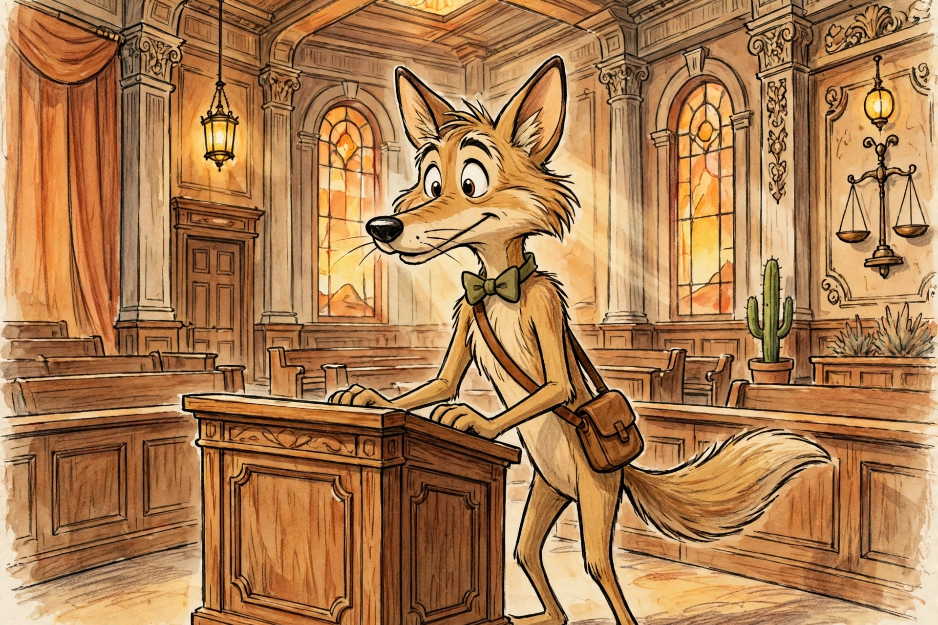 Coyote vs Acme digital release — generic cartoon coyote in a whimsical courtroom scene