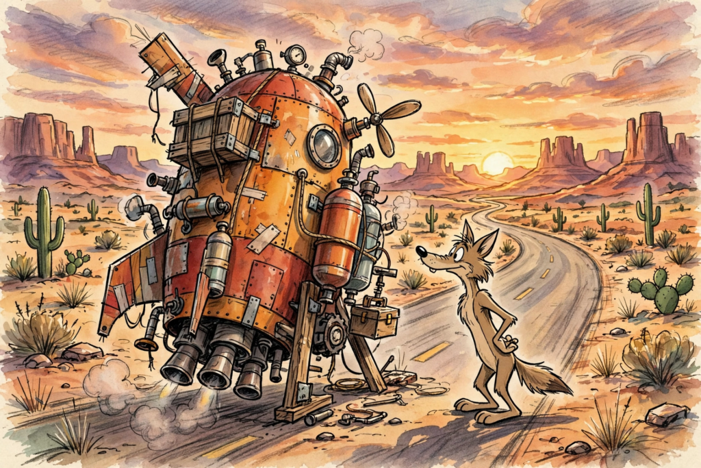 Cartoon desert highway scene for the Coyote vs Acme digital release