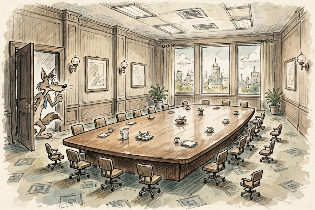 Whimsical cartoon corporate boardroom art tied to the Coyote vs Acme digital release