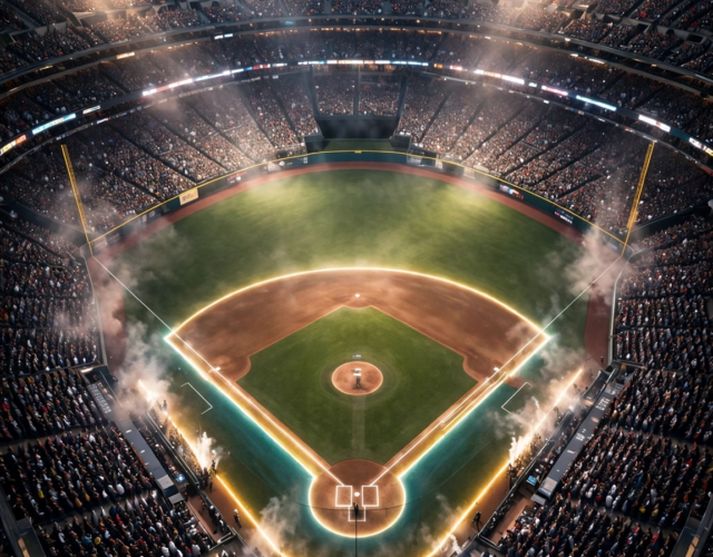 MLB playoff bracket 2026 title page with a packed baseball stadium glowing under floodlights at night