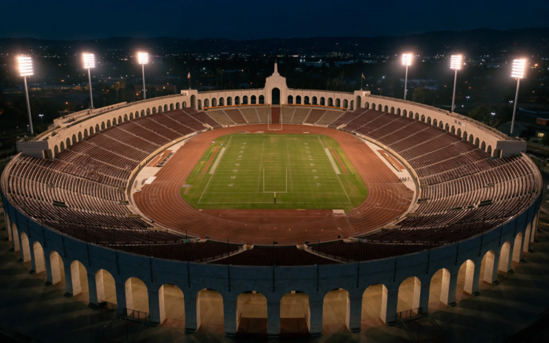 Los Angeles Memorial Coliseum at night, where the Dante Moore injury occurred during Oregon vs USC