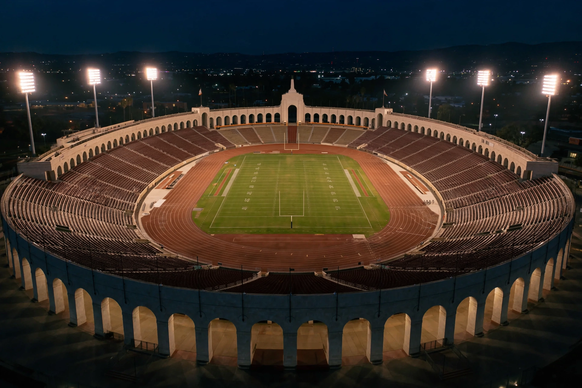 Los Angeles Memorial Coliseum at night, where the Dante Moore injury occurred during Oregon vs USC