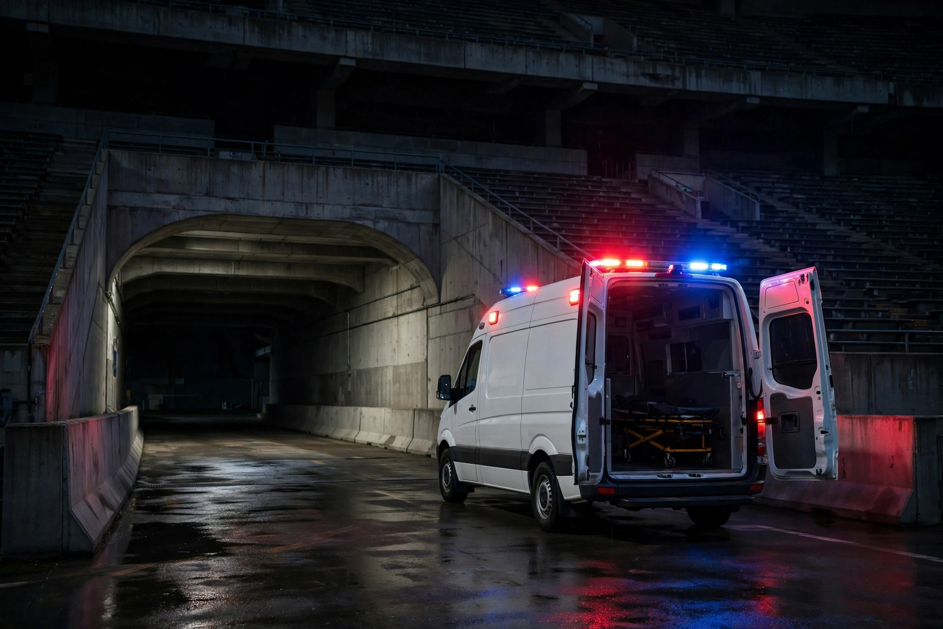 Ambulance with open rear doors at a stadium tunnel, Dante Moore injury report