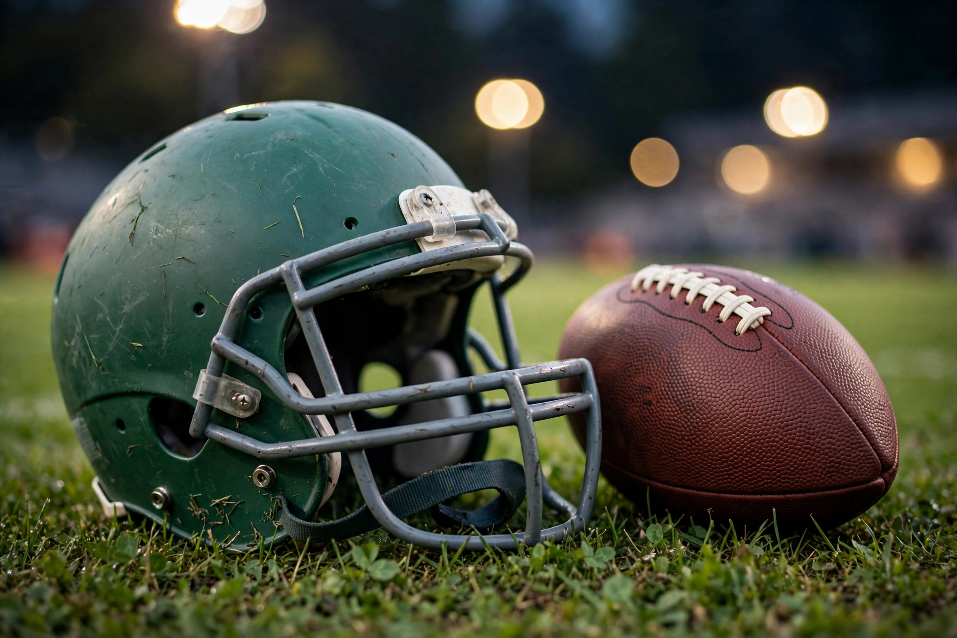 Football helmet resting on grass, Dante Moore injury update