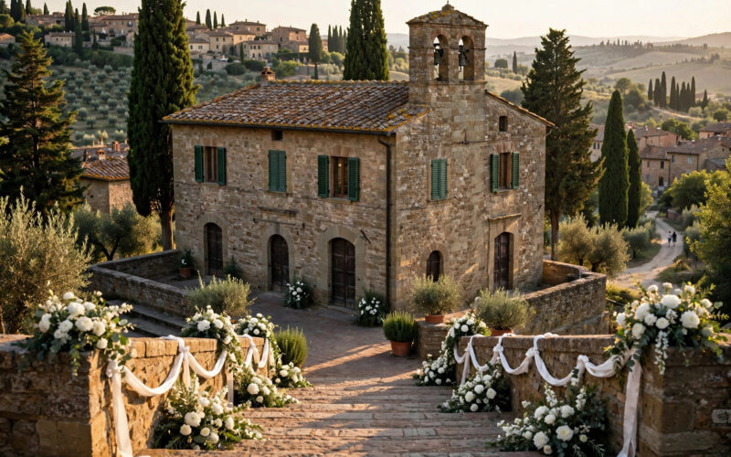 Dove Cameron wedding: historic stone town hall in Montalcino, Tuscany, decorated with white wedding flowers